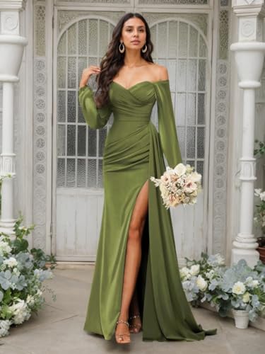 Everlong Long Sleeve Bridesmaid Dresses for Women Satin Off The Shoulder Formal Evening Dresses with Slit EL0094