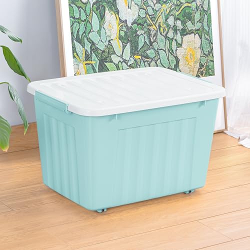 Cetomo 80L*4 Cajas de Almacenamiento con Tapas, Contenedores de Plástico con Ruedas, Clip On, Apilables, Encajables, Organizador Rayado para Oficina en Casa, Azul, 80L-4 Pack - imagen 2