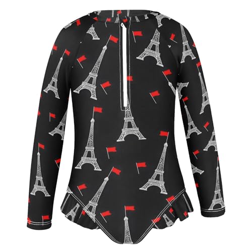 ALAZA Paris Eiffel Tower Black Girls One Piece Swimsuit Long Sleeve Rash Guard Swimsuits UV 50+ Swimwear Zipper2