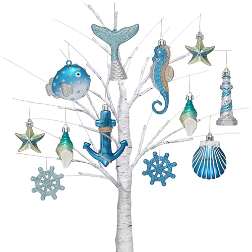 Valery Madelyn Summer Beach Ornaments for Small Tree, 12ct Shatterproof Christmas in July Decorations Seashell Starfish Ocean Coastal Nautical Marine Hanging Balls Bulk for Holiday Party Home Decor