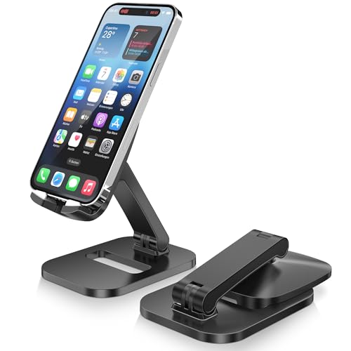 DeskLogics Cell Phone Stand for Desk, Foldable & Adjustable Aluminum Phone Holder Dock - Portable Travel Case Friendly Desktop Cradle For iPhone 17 16 Pro Max Plus Air, Samsung S25 S24, Kindle (Black)