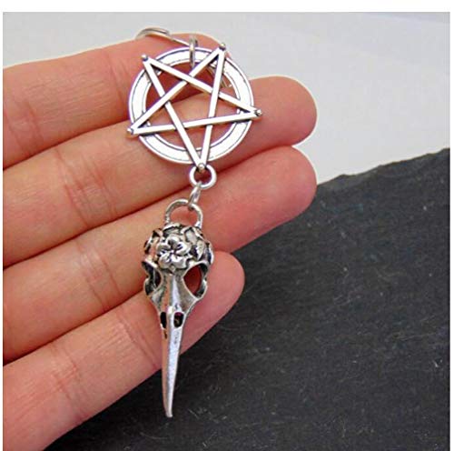 Raven Skull Key Chain/Bag Charm,Floral Antique Silver Bird Skull,Pentagram Star Key Chain,Gothic Unisex,Men's Punk Bag Tag #TOP1