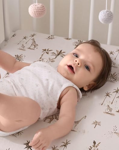 Image of Pack and Play Sheets 2 Pack, Fitted Jersey Knit Mini Crib Sheets for Baby Boys and Girls, Compatible with Graco Pack N Play and Mini Crib Mattress (Safari Dreams, Pack N Play /Mini Crib Sheets)