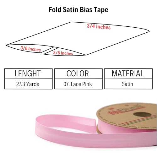 Image of Fold Satin Bias Tape - 99+ Colors - 3 /4 Inches Wide - 27 Yards - Fold Satin Binding Bias Ribbon Fabric Piping Bias Binding Tape for Sewing Clothing DIY (07. Lace Pink) BYS07