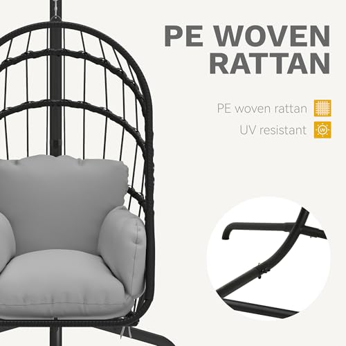 DWVO Wicker Swing Egg Chair 300lbs Capacity - Foldable Hanging Hammock with Cushions & Stand, Indoor/Outdoor Patio Swing Chair for Bedroom, Garden, Balcony (Grey)