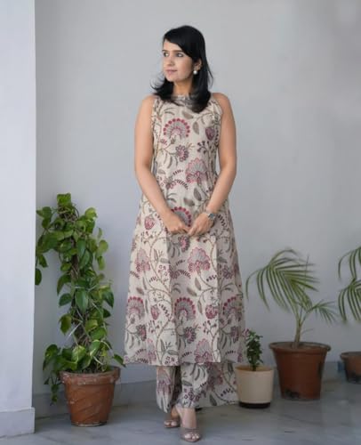 Image of GoSriKi Kurta Set for Women Viscose Printed | Kurti Set for Woman | Kurta Palazzo 2 Piece Outfit | Band Collar Sleeveless Regular Fit Ethnic Dress Stylish Clothing