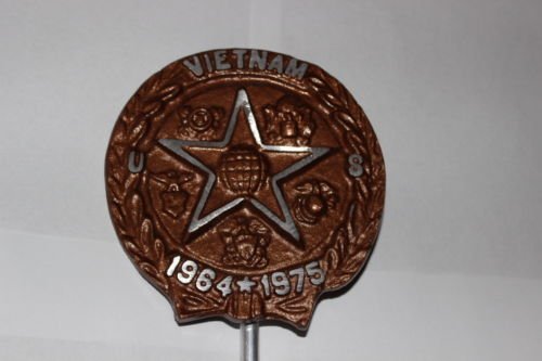Vietnam War Service Heavy-duty 5 1/2" Aluminum Memorial Cemetery Grave Marker / Yard Garden Decoration Marker Flag Holder; MADE IN USA. BONUS 30" STICK FLAG (Cotton 12"X18" U.S. Flag - Hemmed Edges)