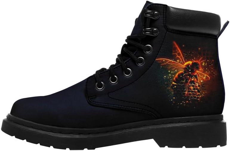 Customizable Women's Ankle Combat Boot with Charming Bee & Floral Design, Stylish Vegan Leather Fashion Booties