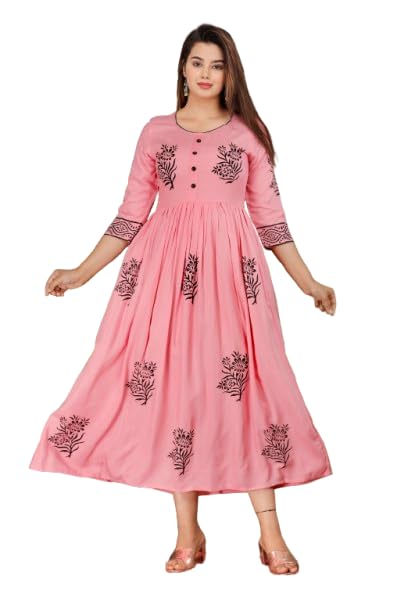Women's Rayon Anarkali Hand Block Printed Kurti (Xx-Large) Baby Pink)-image-2