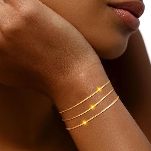 Bracelet for Women - Dainty Stack Bracelets Trendy Adjustable 14K Gold Plated Thin Paperclip Bead Box Satellite Figaro Cuban Link Chain Bracelet Set for Women Waterproof Jewelry Gift