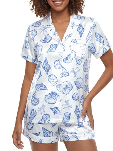 Image of Umenlele Women's Silk Satin Pajamas Set Striped Short Sleeve Button Down Sleepwear 2 Piece Soft Loungewear PJs