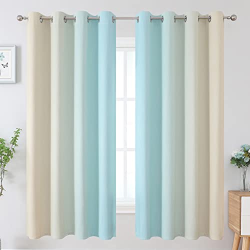 Estelar Textiler Aqua and Beige Gradient Blackout Curtains for Boys Room, Ombre Thermal Insulated Noise Reducing Blackout Drapes for Playroom, Full Room Darkening Grommet Curtains, 52Wx63L, 2 Panels
