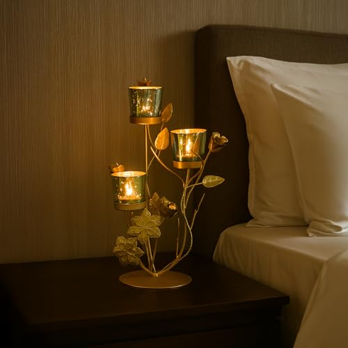 Image of MARKET 99 Metal + Glass 3 Votive T-Light Holder Flower Shape | Golden & Blue Decorative Candle Holder for Christmas, Diwali, Weddings, Parties & Festive Home Decor | Stylish Tealight Stand