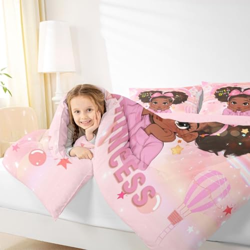 Image of Erosebridal Pink Black Girls Queen Bedding Set Magical African American Comforter Set for Nursery Afro Little Girls Comforter Cute Room Decor Melanin Bedroom Decor (1 Comforter, 2 Pillowcases)