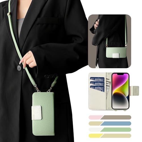 Kahper For iPhone 14 iPhone 13 ケース 手帳型 ショルダー バイカラー スマホケース iphone 13 おしゃれ かわいい 女性 レトロ いPhone 14 ケース カード収納 シンプル 上品 iPhone 13 カバー マグネット式 スタンド機能 肌感レザー iPhone 14 ストラップ 人気 エレガント レディース 手作（グリーン メ ホワイト）