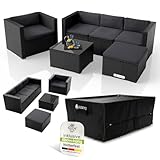 Juskys® Polyrattan Lounge Punta Cana L inkl. Abdeckung für 4-5 Personen mit Sofa, Sessel, Hocker, Tisch & Kissen, Sitzgruppe für Garten, Terrasse & Balkon, Gartenmöbel Set wetterfest - Schwarz/Creme