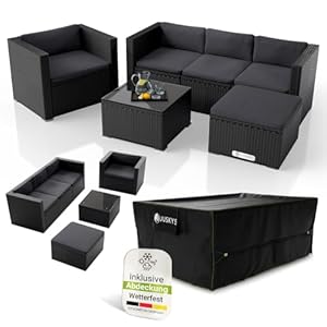 Juskys® Polyrattan Lounge Punta Cana L inkl. Abdeckung für 4-5 Personen mit Sofa, Sessel, Hocker, Tisch & Kissen, Sitzgruppe für Garten, Terrasse & Balkon, Gartenmöbel Set wetterfest - Schwarz/Creme