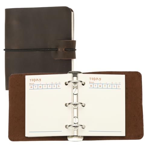 PATIKIL A9 Leather Journal, 3 Ring Notebook Binder Planner Loose Leaf 60 Sheets Paper Refillable for Business Office Study Writing, Dark Brown