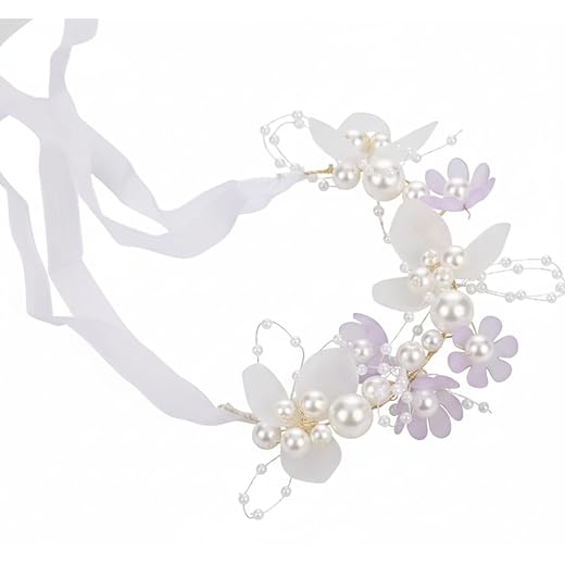 Pulseira ou Tiara Infantil de Fada com Pérolas e Flores, Branco e Roxo, Acessório para Daminha e Festas
