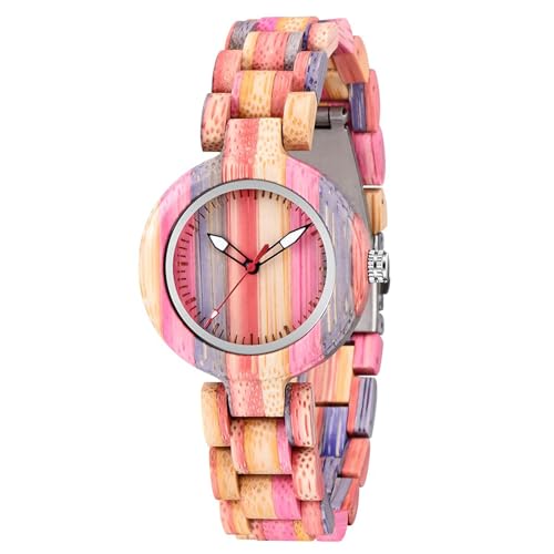 Imagen de Tiong Reloj de madera para mujer Colorido Bambú Clásico Relojes de cuarzo Relojes de mujer Relojes analógicos de cuarzo Relojes de madera para mujer