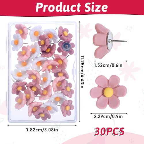 30 pinos de pressão de flores, pinos decorativos, tachas de polegar decorativas rosa, pinos de press