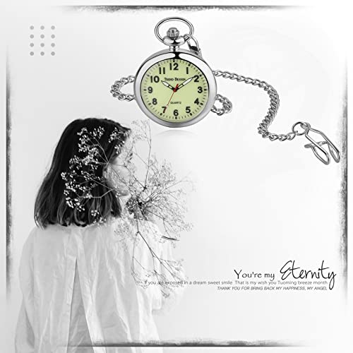 JewelryWe Taschenuhr Herren Damen Klassische Grün Leuchtendes Zifferblatt Analog Quarz Uhr mit Halskette Taille Kette Silber Geschenk – Bild 4