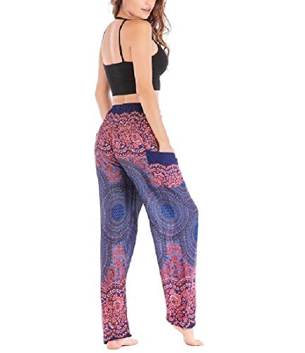HEFASDM Mulheres Yoga Pilates hippie smocked cintura impressão loungewear calças harem Blue OS