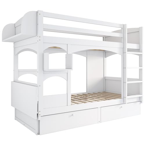 Dolamaní Litera para 2 niños, 90 x 200 cm, madera con escritorio plegable, cuna con protección anticaídas, litera con escalera y 2 cajones, cama de madera maciza, color blanco para habitación juvenil - imagen 7