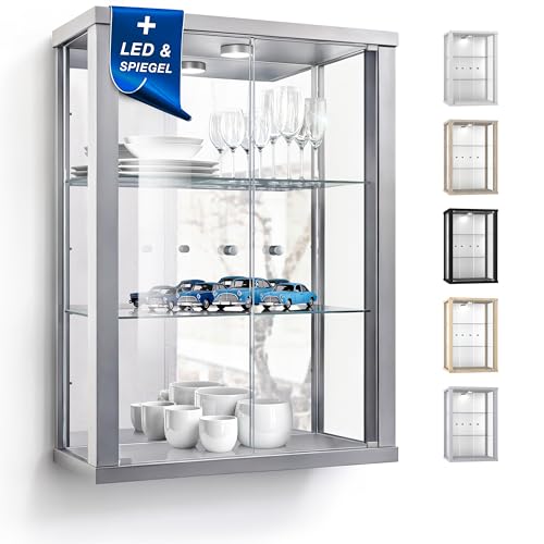 K-Möbel Wandvitrine (80x60x25cm) - Made in Germany - Glasvitrine hängend mit 2 höhenverstellbaren Glasböden aus ESG, Spiegel & LED in Silber/Alu - Schrank mit Glastüren - Hängevitrine K-Möbel Wandvitrine (80x60x25cm) - Made in Germany - Glasvitrine hängend mit 2 höhenverstellbaren Glasböden aus ESG, Spiegel & LED in Silber/Alu - Schrank mit Glastüren - Hängevitrine