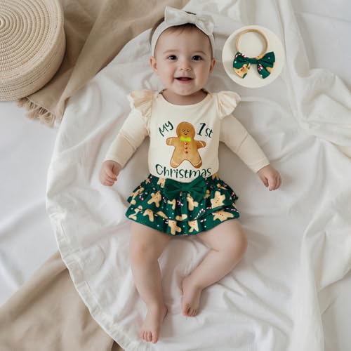 My First Christmas Baby Girl Outfit Long Sleeve Santa/Gingerbread Newborn Infant Romper Skirts Headband Socks Sets3