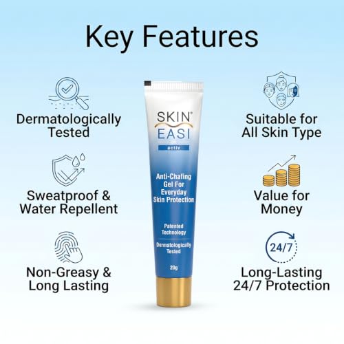 Image of SkinEasi activ Silicone-Based Anti-Chafing Gel for Men & Women 20g | Prevents & Relieves Thigh Burn, Blisters, Nipple Bleeds, Groin Rash, Underarm & Under Bra Rash, Jock Itch | Dermatologically Tested