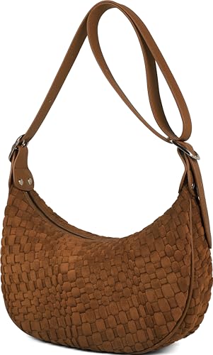 Queenoris Bolsas femininas pequenas de tecido crescente, bolsa de ombro de couro vegano, bolsas transversais modernas com alça ajustável, Camurça marrom