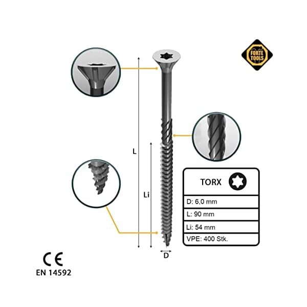 FORTE Tools Universal Holzschraube 6,0 x 90 mm T30 400 Stk. (4x 000040113892) silber verzinkt Torx Senkkopf Teilgewinde – Bild 3