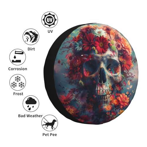 Image of Colourful Human Skull with Flowers Spare Tire Cover, Universal Wheel Tire Cover Funny Skull Skeleton Tire Protectors for Trailer RV SUV Truck Camper 14 Inch