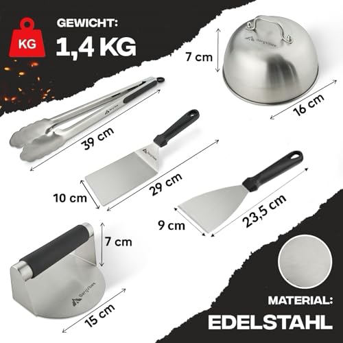 BERGVIBES Smash Burger Set 6 TLG. aus Edelstahl für Plancha, 2 Burgerglocken, Burgerpresse, Smasher, Pattywender, Grillzange, Burger Smasher Set, das ideale Geschenkset (Exklusive)