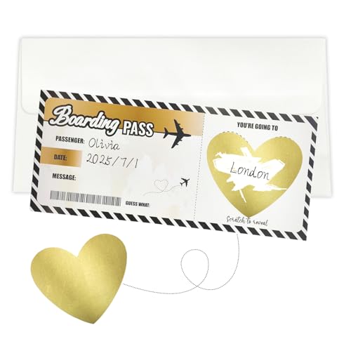 DIPZO Personalisiertes Urlaub-Rubbellos, 1 Stück Reisepass-Ticket mit Umschlägen, Überraschungsurlaub-Geschenk, Ziel-Rubbellose für Geburtstag, Valentinstag, Familie & Partner