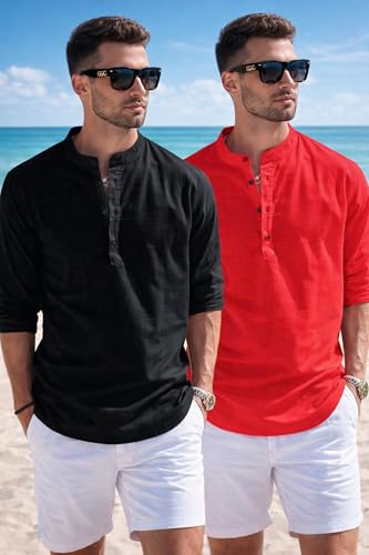Image of Men's Cotton Blend Straight Kurta Shirt Combo with Mandarin Collar - Slim Fit Casual Short Kurti Set Featuring Textured Slub Fabric and Roll-Up Full Sleeves