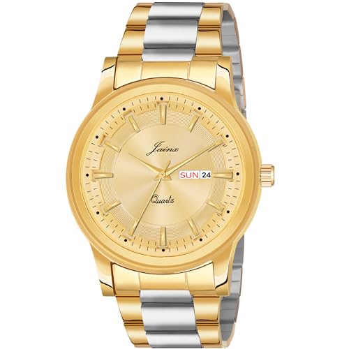 Image of jainx Premium Golden Chain Day and Date Feature Analog Wrist Watch for Men (Golden /White /Black Color Dial)
