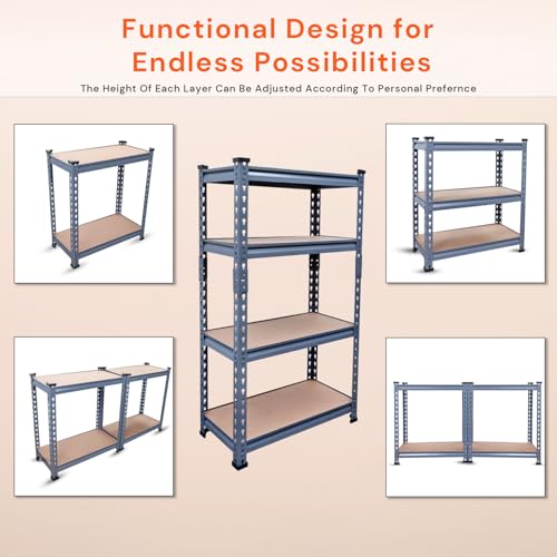 Image of BonKaso Adjustable Set of 4-Shelf Metal Storage Shelving Unit, Steel Bootless Rivet Utility Display Rack Garage Shelves, 43 Inches Height(43 X 24 X 12 Inc) Grey