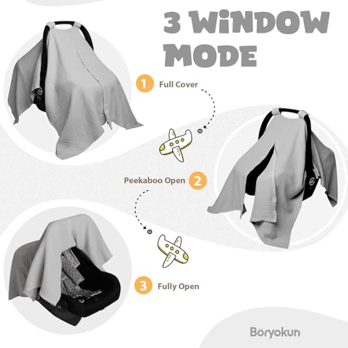 Image of Muslin Car Seat Cover for Babies, Baby Carseat Cover for Boys Girls, Breathable Infant Car Seat Canopy, Multiuse Baby Carrier Cover & Nursing Breastfeeding Cover(Light Gray)