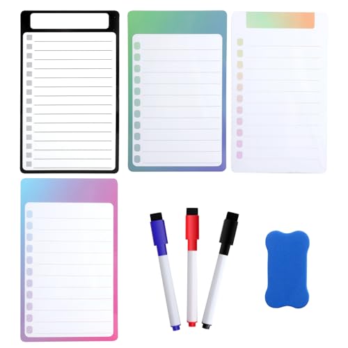 XRVRILE 4 Pièces Tableau Magnetique Frigo, Planning Frigo Magnetique avec 3 Stylos et Gomme, Effaçables Tableau Aimanté pour Liste de Courses, to do list,...