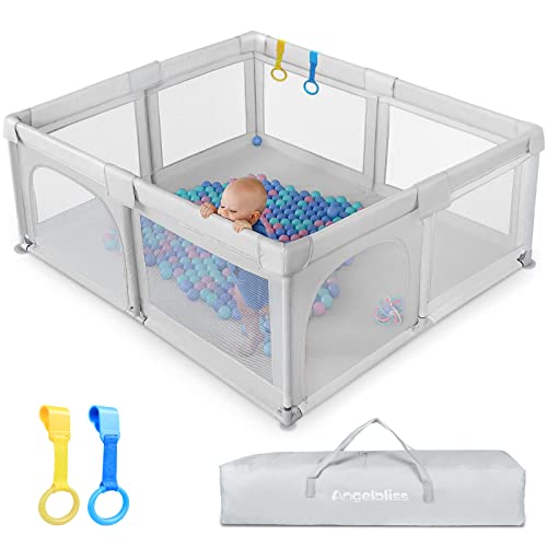 Image of ANGELBLISS Baby Playpen, Large Playard Indoor & Outdoor Kids Activity Center with Anti-Slip Base, Sturdy Safety Play Yard with Breathable Mesh, Kid's Fence for Infants Toddlers(Grey,63”x47”)