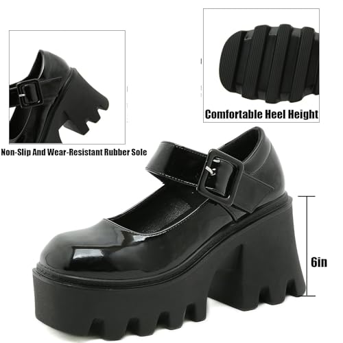 Women's Leather Square Buckle Platform Chunky Heel Mary Janes Adjustable Strap Fashion Closed Round Toe Chunky High Heels Oxford Shoe Leisure Office Party Dress Pumps2