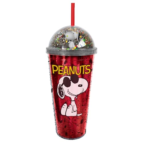 Spoontiques Snoopy Dome Top Tumbler, 20oz - Glitter-Filled Dome Top with Enclosed Figurine & Coordinating Reusable Straw - 10' Tall Double Wall Insulated Travel Cup
