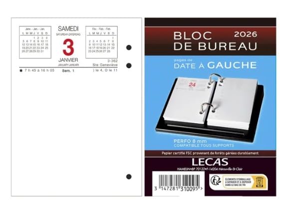 LECAS - 1 Bloc Ephémérides de Bureau Date à Gauche - Janvier 2026 à Décembre 2026 - Format 8,5 x 11,5 cm