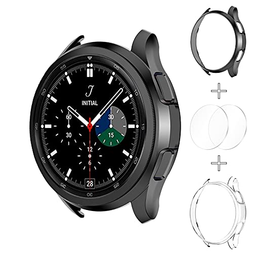 Kakurookie [2+2Pack] Watch Cover Accessories Set Compatible with Samsung Galaxy Watch 4 Classic 46mm, 2 HD Tempered Glass Screen Protective Film and 2 PC Matte Hard Watch Case (Black+Clear, 46mm)