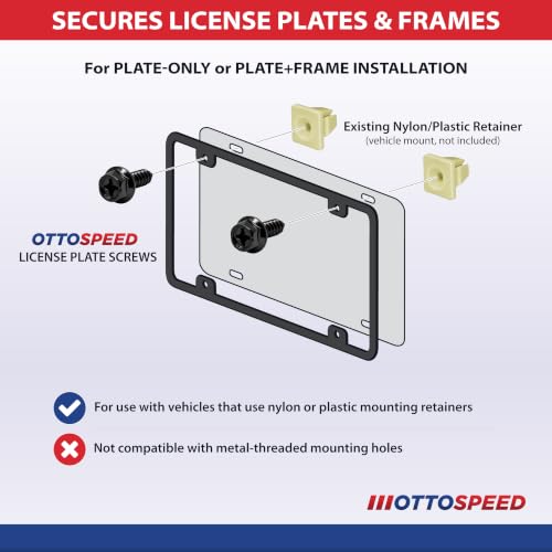 Image of OttoSpeed Rustproof License Plate Screws for US Domestic Vehicles & Select Imports - Stainless Steel Bolts for Vehicles that Use Plastic Inserts (8-Pack, Black-Phillips)