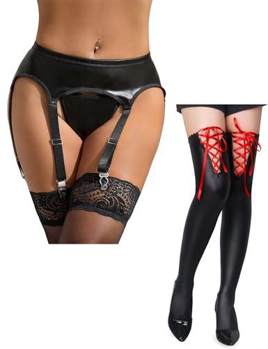 Bas autofixants antidérapant cuir PU L-XXL et porte-jarretelle femme ohmydear L