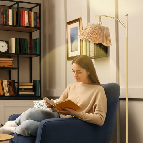 Image of Ambimall 60 inch Floor Lamps for Living Room with 3 Color Temperatures, Gold Floor Lamp with Rattan Shade, Modern Tall Lamps for Bedroom Office, 9W LED Bulb Included