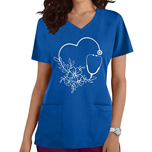 Work Scrub Top Feminino Outono Verão Conforto Roupas Cor Moda Manga Curta Gola V Blusa Gráfica para